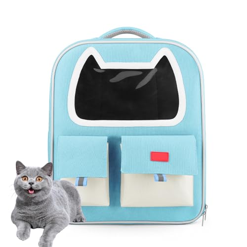 Katzentransportbox, Haustier Rucksack Mit Netzfenster Hundetransportbox Atmungsaktive Und Leichte Hundetasche Für Kleine Hunde 10Kg Katzen Hunde Tragetasche,Blau von PJDDP