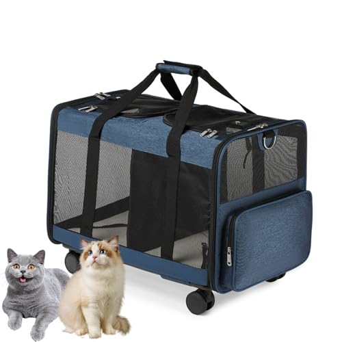 PJDDP Katzentransportbox Für 2 Katzen, Tragetasche Mit Rollen Für 2 Katzen/Hunde, Super Belüftetes Design, Ideal Für Reisen/Spaziergänge/Camping,Blau von PJDDP