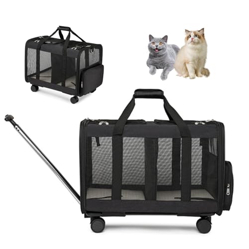 PJDDP Katzentransportbox Für 2 Katzen, Tragetasche Mit Rollen Für 2 Katzen/Hunde, Super Belüftetes Design, Ideal Für Reisen/Spaziergänge/Camping,Schwarz von PJDDP