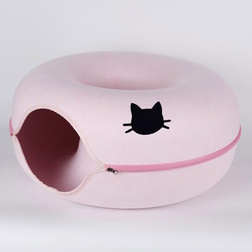 Katzentunnelbett, Katzentunnel Filzkatze Donut Kratzfeste Donut Katzenbett Katze Versteck für Innenkatzen Katzenspielzeug Spielzeug,Rosa,L von PJDDP