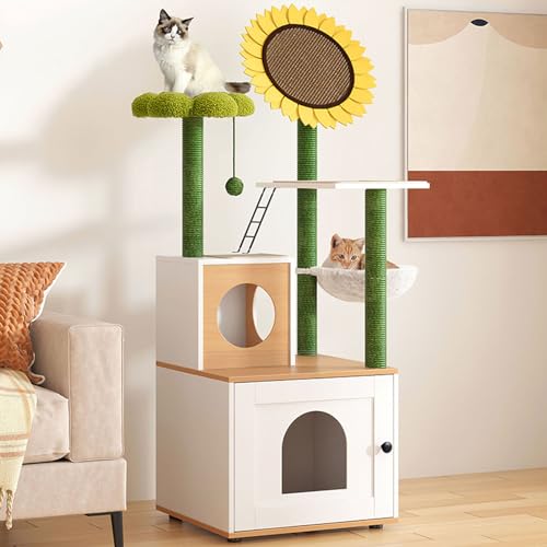 PJDDP Kratzbaum Mit Katzentoilette, 2-In-1-Katzenmöbel Für Den Innenbereich Mit Plattform Und Katzenwohnung, Multifunktionaler Katzenturm Mit Katzenkratzpad, Lustiger Katzenball, Katzenkratzbaum,Weiß von PJDDP