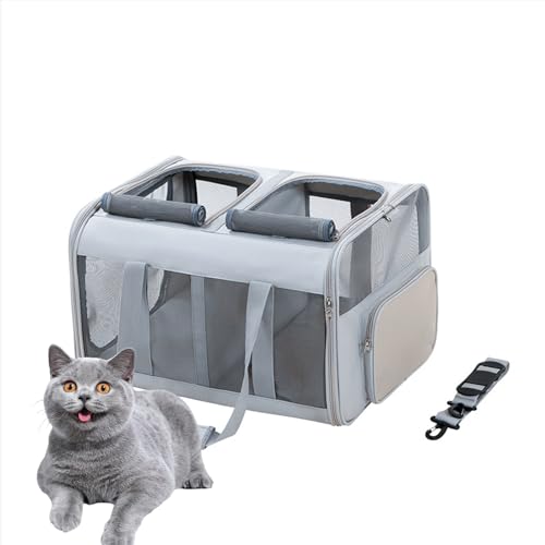 PJDDP Light Gray,Großer Katzentransportbox Für 2 Katzen Und Kleine Hunde Bis 17.5KG Mit Abnehmbarem Kissen,Faltbare & Erweiterbar Katzentransporttasche von PJDDP