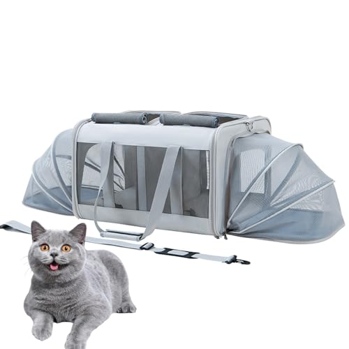 PJDDP Light Gray Extension,Großer Katzentransportbox Für 2 Katzen Und Kleine Hunde Bis 17.5KG Mit Abnehmbarem Kissen,Faltbare & Erweiterbar Katzentransporttasche von PJDDP