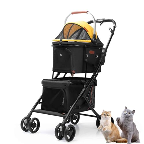 PJDDP Mehrzweck-Doppelkinderwagen Für Katzen, Hundetransporter Mit Rädern, Hundebuggy Mit Klappfunktion, Haustierwagen Katzenbuggy Für 2 Kleine Hunde, Katzen, Welpen,Gelb von PJDDP