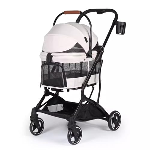 PJDDP 3-In-1-Kinderwagen Für Hunde Und Katzen Für Kleine Und Mittelgroße Hunde Und Katzen, Faltbarer, Leichter Welpen-Kinderwagen, Haustiertransporter, Autositz,Beige von PJDDP