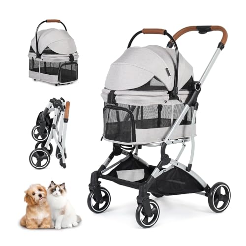 PJDDP 3-In-1-Kinderwagen Für Hunde Und Katzen Für Kleine Und Mittelgroße Hunde Und Katzen, Faltbarer, Leichter Welpen-Kinderwagen, Haustiertransporter, Autositz,Light Grey von PJDDP