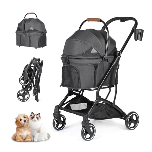 PJDDP 3-In-1-Kinderwagen Für Hunde Und Katzen Für Kleine Und Mittelgroße Hunde Und Katzen, Faltbarer, Leichter Welpen-Kinderwagen, Haustiertransporter, Autositz,Schwarz von PJDDP