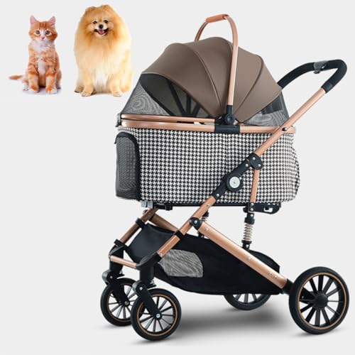 PJDDP 3-In-1-Kleintierwagen, Abnehmbare Babytrage Zusammenklappbarer Kinderwagen Für Haustiere No-Zip Mit Abnehmbarem Gepäckträger Und Aufbewahrungskorb,Braun von PJDDP