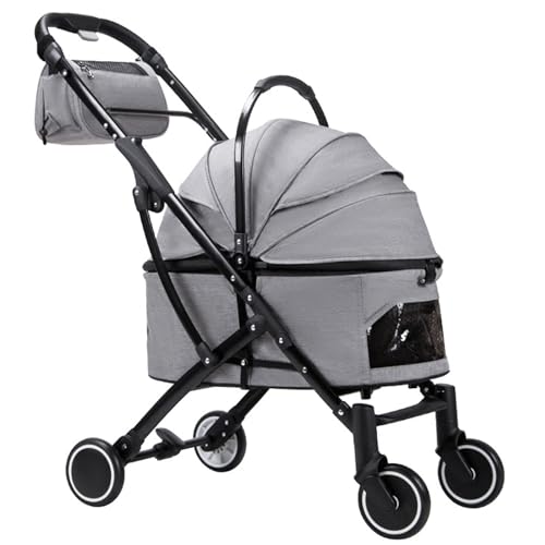 PJDDP 3-In-1 Zusammenklappbarer Hunde-Kinderwagen, Haustier-Kinderwagen, 4 Räder Hunde-/Katzen-Welpen-Kinderwagen Für Kleine/Mittlere Haustiere Mit Abnehmbarer Reisetasche,Grau von PJDDP