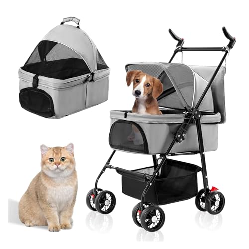 PJDDP 3-In-1 Zusammenklappbarer Hunde-Kinderwagen, Multifunktionaler Hunde-Katzen-Jogger-Kinderwagen Mit Abnehmbarer Tragetasche Für Mittelgroße Kleine Hunde Und Katzen,Grau von PJDDP