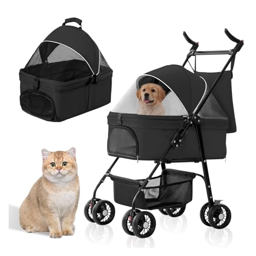 PJDDP 3-In-1 Zusammenklappbarer Hunde-Kinderwagen, Multifunktionaler Hunde-Katzen-Jogger-Kinderwagen Mit Abnehmbarer Tragetasche Für Mittelgroße Kleine Hunde Und Katzen,Schwarz von PJDDP