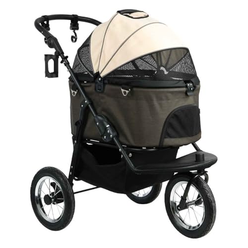 PJDDP 3 In1hundebuggy, Faltbar, Bis 25 Kg,Tragbarer Haustier Kinderwagen, Hundewagen Mit Getränkehalter, Für Kleine Und Mittelgroße Katze Hund,Khaki von PJDDP