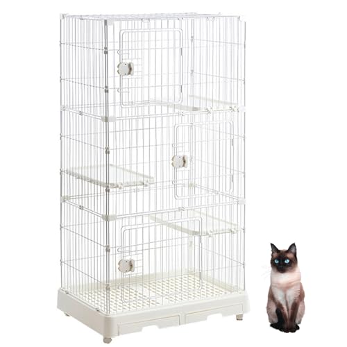 PJDDP 3-Stufiger Katzenkäfig, Katzenkäfig, Zwinger, Katzenlaufstall Mit Feststellbaren Rollen, Gitter, Herausziehbares Tablett Für Eichhörnchen/Meerschweinchen/Hase/Katze/Kaninchen, 132,9 cm,Weiß von PJDDP