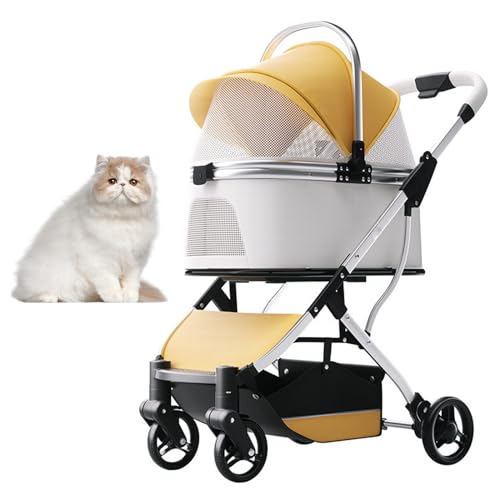 PJDDP 3 in 1 Haustier-Jogger-Kinderwagen Für Katzen, Zusammenklappbarer Katzen-Hund-Kinderwagen Mit 4 Rädern Leicht Wasserdicht Reise-Kinderwagen Mit Sicherheitsgurt,Gelb von PJDDP