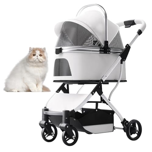 PJDDP 3 in 1 Haustier-Jogger-Kinderwagen Für Katzen, Zusammenklappbarer Katzen-Hund-Kinderwagen Mit 4 Rädern Leicht Wasserdicht Reise-Kinderwagen Mit Sicherheitsgurt,Weiß von PJDDP