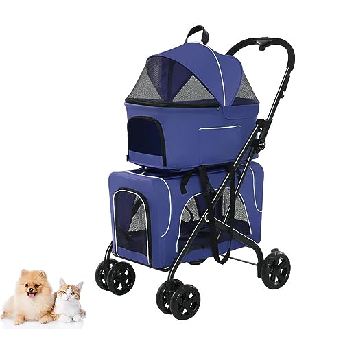 PJDDP 3-in-1-Haustier-Kinderwagen, Doppeldecker-Haustier-Kinderwagen für kleine Hunde/Katzen, tragbarer Haustier-Joggingwagen mit Vier Rädern, Faltbarer Haustierwagen für die Reise,Dark Blue von PJDDP