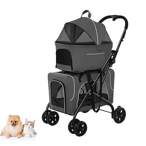 PJDDP 3-in-1-Haustier-Kinderwagen, Doppeldecker-Haustier-Kinderwagen für kleine Hunde/Katzen, tragbarer Haustier-Joggingwagen mit Vier Rädern, Faltbarer Haustierwagen für die Reise,Light Gray von PJDDP