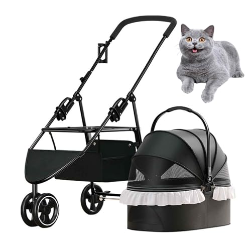 PJDDP 3 in 1 Haustier Kinderwagen, Faltbarer Reise Haustier Kinderwagen Für Katzen & Hunde Mit Abnehmbarer Tragetasche Für Kleine Hunde Und Katzen Unter10 Kg,Schwarz von PJDDP