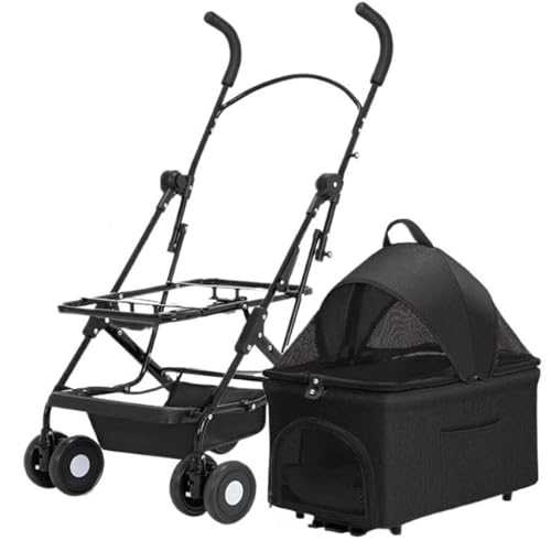 PJDDP 3 in 1 Hundebuggy Faltung Hundewagen, Kinderwagen Für Haustiere Mit Aufbewahrungskorb, Tragbarer Haustier Kinderwagen, Leicht, Praktisch, Abnehmbar,Schwarz von PJDDP