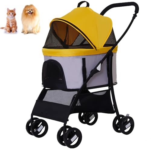 PJDDP 3 in 1 Hundekinderwagen Mit Abnehmbarem Gepäckträger, Faltbarer Kinderwagen Kinderwagen 4-Rad-Katzen-Sportwagen Hundekinderwagen Mit Aufbewahrungskorb,Gelb von PJDDP