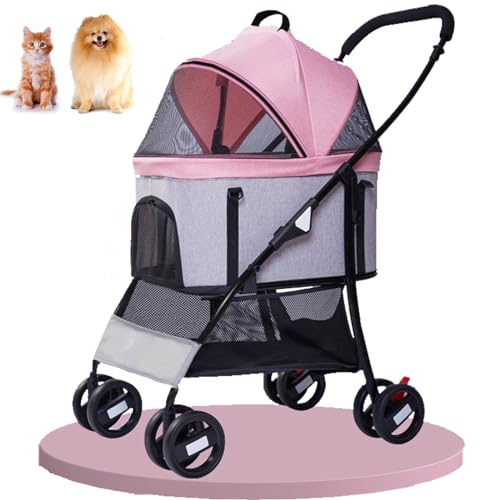 PJDDP 3 in 1 Hundekinderwagen Mit Abnehmbarem Gepäckträger, Faltbarer Kinderwagen Kinderwagen 4-Rad-Katzen-Sportwagen Hundekinderwagen Mit Aufbewahrungskorb,Rosa von PJDDP