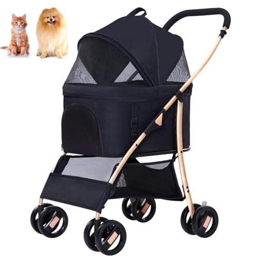 PJDDP 3 in 1 Hundekinderwagen Mit Abnehmbarem Gepäckträger, Faltbarer Kinderwagen Kinderwagen 4-Rad-Katzen-Sportwagen Hundekinderwagen Mit Aufbewahrungskorb,Schwarz von PJDDP