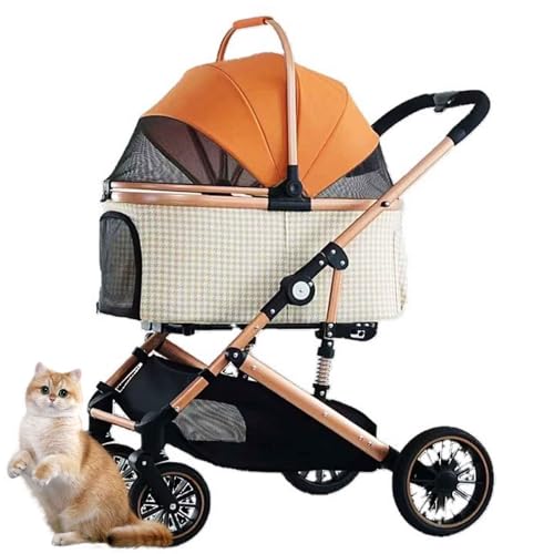 PJDDP 3 in 1 Hundewagen, Faltbar Haustiere Buggy Wagen Für Kleine Hunde Und Katzen, Jogger Hundekinderwagen Katzenbuggy Mit 4 Rädern, Netzfenster, Ablagekörbe,Orange von PJDDP