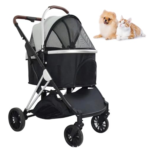 PJDDP 3 in 1 Multifunktions-Hundekinderwagen, Faltbarer Hunde-Kinderwagen Mit 4 Rädern Katzenkinderwagen Mit Abnehmbarem Gepäckträger No-Zip Hundewagen Kinderwagen,Grau von PJDDP