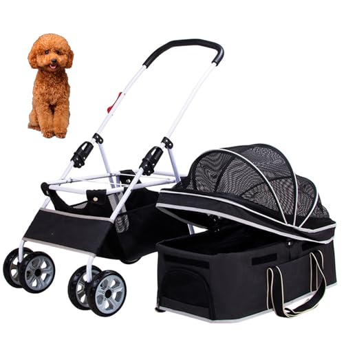 PJDDP 3 in 1 Multifunktionshund -Kinderwagen, Haustier Kinderwagen Jogger 4 Räder Haustierfalt Kinderwagen Mit Abnehmbarem Träger, Katzenwagen Für Reise -Einkaufswagen Für Fahrt Autositz,Schwarz von PJDDP