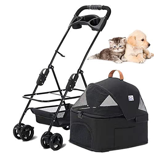 PJDDP 4-Rad-Kinderwagen Hundewagen Faltbare Hunde Katzen Pet Stroller Haustierwagen Katzenbuggy Mit Aufbewahrungskorb Und Tassenhalterung Katzenwagen Für Mittlere Und Kleine Haustiere,Schwarz von PJDDP