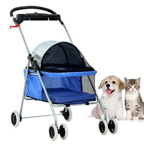 PJDDP 4 Räder Haustier-Kinderwagen, Hunde-Kinderwagen, Katzenkäfig-Jogger-Kinderwagen, Katzen-Reise-Klappträger, Wasserdichter Welpen-Kinderwagen Mit Getränkehalter,Blau von PJDDP