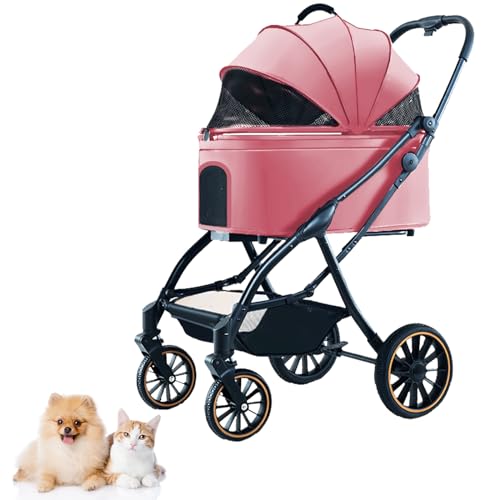 PJDDP 4 Räder Hund Kinderwagen, 3-In-1-Hunde-Katzen-Kinderwagen Automatisch Mit Einer Hand Zusammenklappbar Gummiräder Mit Stoßdämpfern Hundesportwagen Mit Abnehmbarem Gepäckträger,Rosa von PJDDP