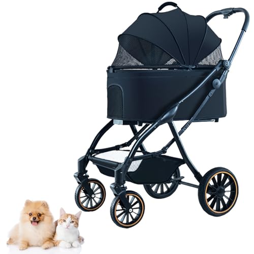 PJDDP 4 Räder Hund Kinderwagen, 3-In-1-Hunde-Katzen-Kinderwagen Automatisch Mit Einer Hand Zusammenklappbar Gummiräder Mit Stoßdämpfern Hundesportwagen Mit Abnehmbarem Gepäckträger,Schwarz von PJDDP