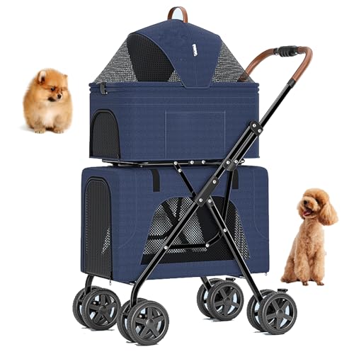 PJDDP Abnehmbare Hundesportwagen, Doppeldecker Haustier Kinderwagen, Faltbare Leichte Haustier Jogger Kinderwagen, Tragbare Kutsche Mit 360 ° Vorderrad, 4 in 1 Hund Jogging Kinderwagen,Blau von PJDDP