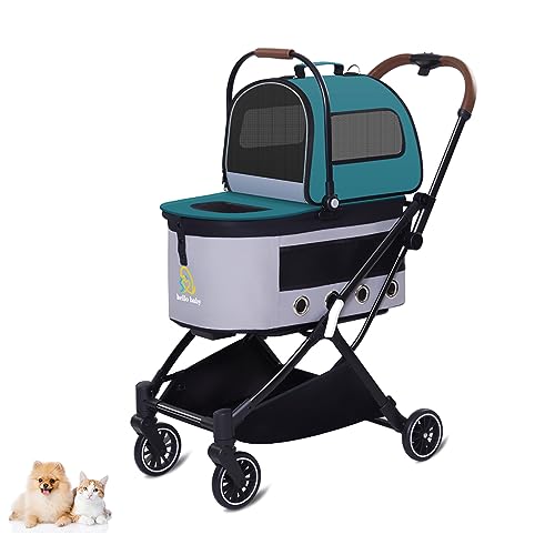 PJDDP Abnehmbarer Doppeldecker-Haustierkinderwagen mit 4 Rädern und Aufbewahrungskorb, Leichter 3-in-1-Katzen- und Hundewagen, zweistufiger Katzen- und Hundewagen,Dark Green von PJDDP