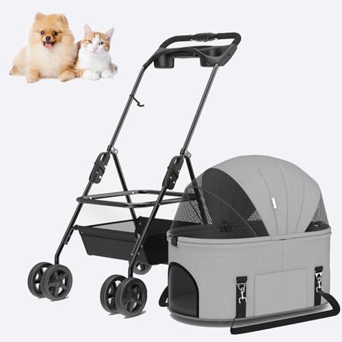 PJDDP Abnehmbarer Hundekinderwagen Mit Handgriff, Hund Katze Jogger Kinderwagen,Haustier-Kinderwagen 3-In-1 Multifunktion Zusammenklappbarer Kinderwagen,Grau von PJDDP