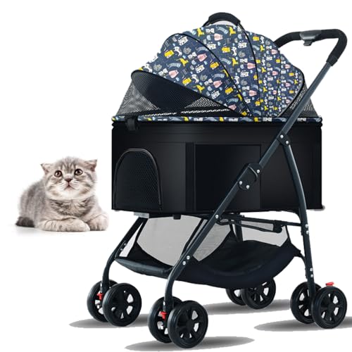 PJDDP Abnehmbarer Katzenkinderwagen, 3 in 1 Haustier-Jogger-Kinderwagen Für Katzen No-Zip Lightweight 4 Räder Faltbarer Kinderwagen Tragbarer Reise-Katzen-Hunde-Kinderwagen,Blau von PJDDP