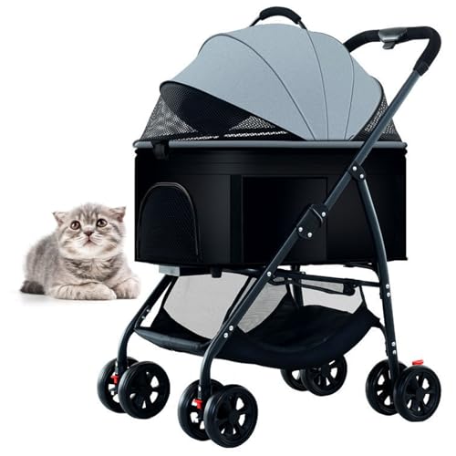 PJDDP Abnehmbarer Katzenkinderwagen, 3 in 1 Haustier-Jogger-Kinderwagen Für Katzen No-Zip Lightweight 4 Räder Faltbarer Kinderwagen Tragbarer Reise-Katzen-Hunde-Kinderwagen,Grau von PJDDP