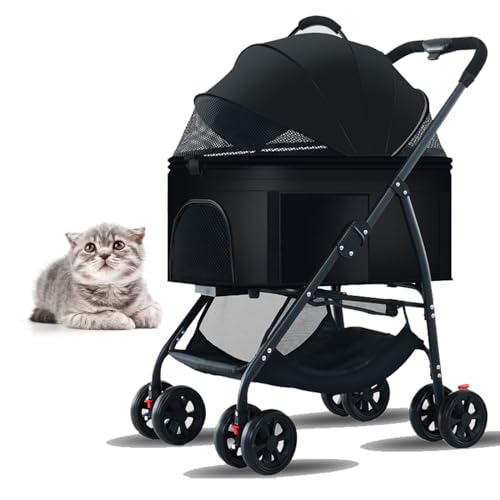 PJDDP Abnehmbarer Katzenkinderwagen, 3 in 1 Haustier-Jogger-Kinderwagen Für Katzen No-Zip Lightweight 4 Räder Faltbarer Kinderwagen Tragbarer Reise-Katzen-Hunde-Kinderwagen,Schwarz von PJDDP