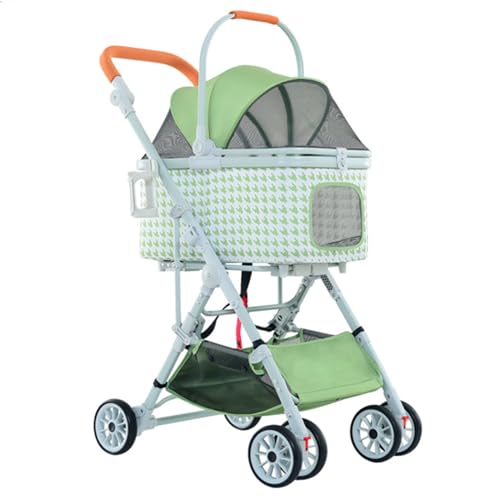 PJDDP Abnehmbarer Kinderwagen Für Haustiere, 3 in 1 Hundesportwagen, Hundekinderwagen, Leichter Faltbarer Aluminiumrahmen, Welpenwagen Mit Liner Und Aufbewahrungskorb,Grün von PJDDP