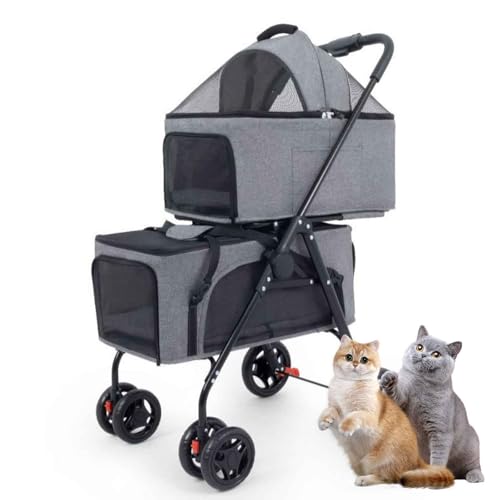 PJDDP Doppelte Haustier-Kinderwagen, Zusammenklappbarer Hundekinderwagen, Hundewagen 3In1 Hundebuggy, Ideal Für Reisen/Spaziergänge/Camping von PJDDP