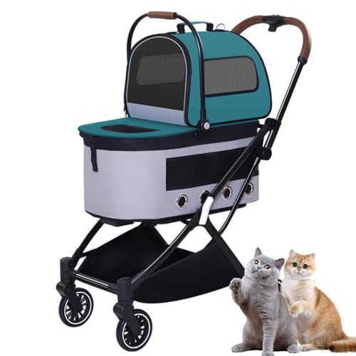 PJDDP Doppelter Haustier-Kinderwagen, 3 in 1 Hundebuggy Haustierwagen, Klappbarer Katzenwagen Mit 2 Sicherheitsleinen, Für Kleine Hunde Und Katzen,Grün von PJDDP