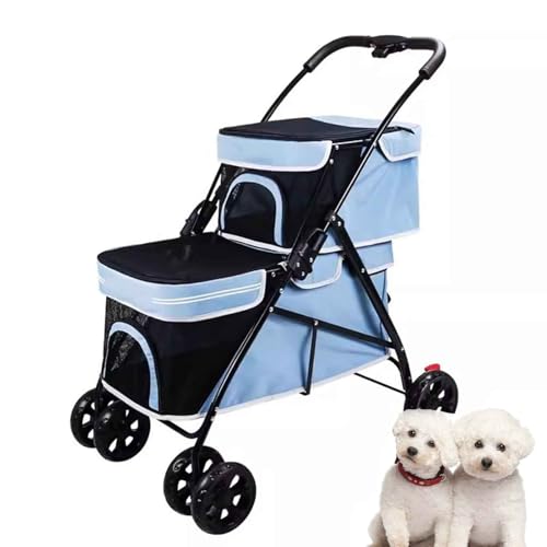 PJDDP Doppelter Haustier-Kinderwagen, Hundebuggy, Haustiertrolley Mit Netzfenster, Hundewagen Mit Aufbewahrungskorb Für Zuhause, Reisen, Ausflüge,Blau von PJDDP