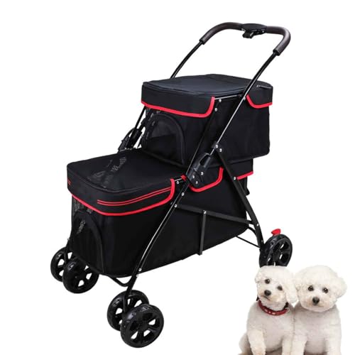 PJDDP Doppelter Haustier-Kinderwagen, Hundebuggy, Haustiertrolley Mit Netzfenster, Hundewagen Mit Aufbewahrungskorb Für Zuhause, Reisen, Ausflüge,Schwarz von PJDDP