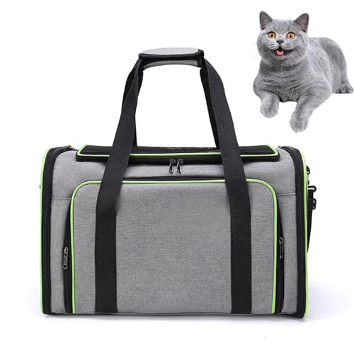 PJDDP Erweiterbarer Haustiertransporter Extra, Hundetransporter, Reise-Autotransportbox Mit Waschbarer Matte Und Verstellbarer Schulter, Für Kleine Hunde Und Katzen,Gray+Green,S von PJDDP