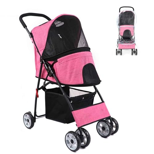 PJDDP Faltbarer Haustier-Kinderwagen Mit Aufbewahrungskorb Und Regenschutz, Haustierwagen Mit Vier Rädern Für Katzen Und Hunde, Schnelle Installation, Geeignet Für Reisen,Rosa von PJDDP