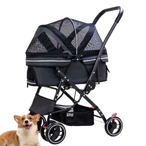 PJDDP Geländegängiger 4-Rad-Welpenkinderwagen, Hundebuggy, Katzenbuggy Mit Reflektoren, Faltbarer Hundewagen Mit Aufbewahrungskorb, Hundetrolley Für Kleine Und Mittle Hunde,Grau von PJDDP