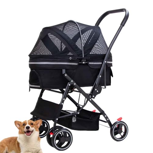 PJDDP Geländegängiger 4-Rad-Welpenkinderwagen, Hundebuggy, Katzenbuggy Mit Reflektoren, Faltbarer Hundewagen Mit Aufbewahrungskorb, Hundetrolley Für Kleine Und Mittle Hunde,Schwarz von PJDDP