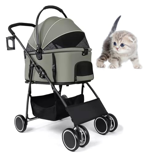 PJDDP Haustier Faltbarer Kinderwagen, 3 in 1 Katzenkinderwagen Mit Abnehmbarem Gepäckträger 4 Räder Reise Jogger Für Welpen Doggies Wasserdichter Tragbarer Reise-Katzenhund-Kinderwagen von PJDDP