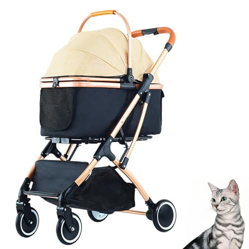 PJDDP Haustier-Kinderwagen, 3-In-1, Zusammenklappbar, Leicht, Mit Abnehmbarer Tragetasche Und Aufbewahrungskorb, Premium-Reisewagen Mit 4 Rädern Für Welpen, Hunde, Kätzchen,Khaki von PJDDP